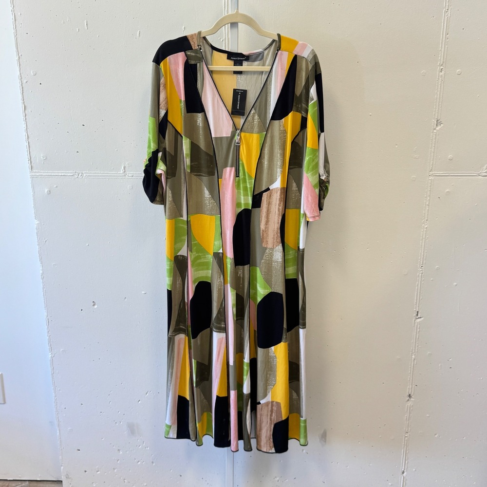 NWT Ashley Stewart Abstract Geometric Zip V-Neck Caftan Maxi Dress Color‎ 30/32W
